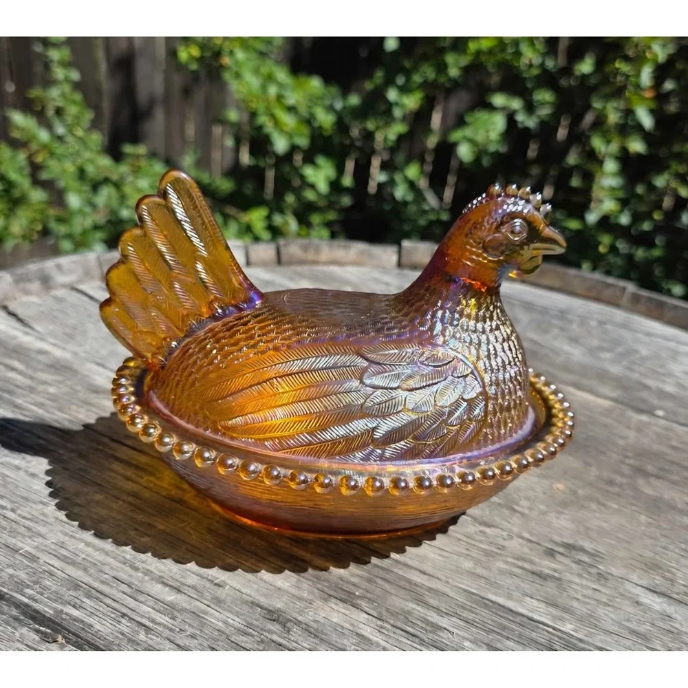 Indiana Glass Amber iridescent Carnival Glass Hen on Nest Covered Dish Rare VTG
